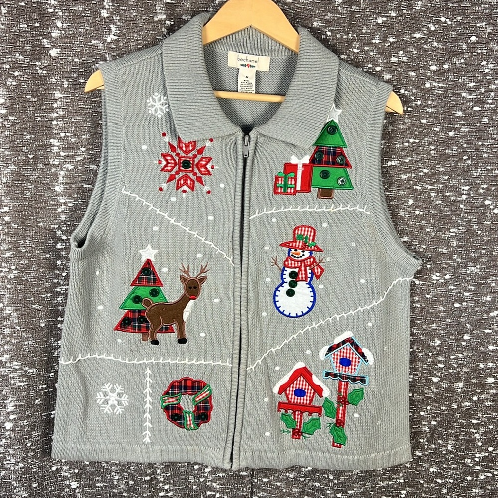 Bechamel Woman Gray Christmas Snowman Zip Front Holiday‎ Vest Size Medium